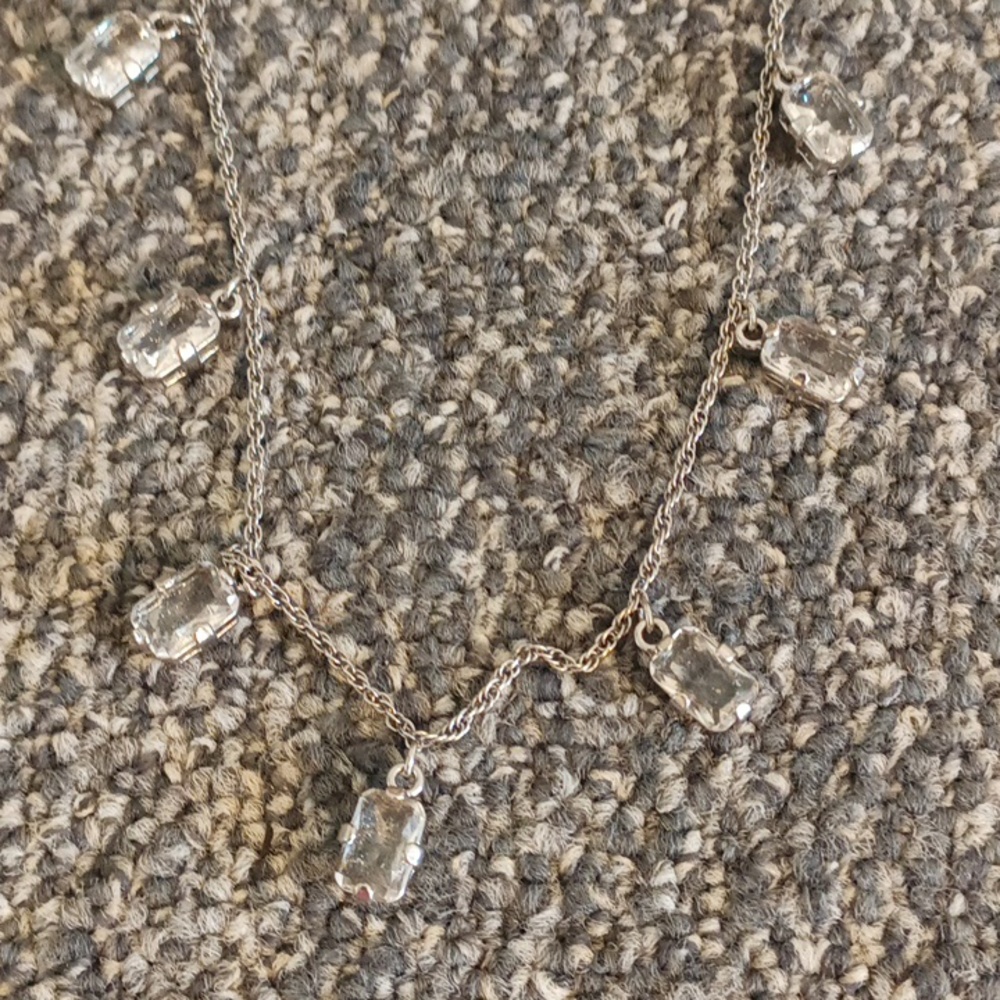 Ann Taylor Long silver tone chain necklace clear crystal squares - Picture 3 of 6
